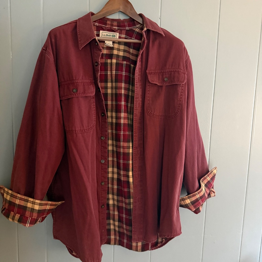 LL Bean Hurricane Shirt Jacket Mens L Flannel Lined OFKC6 Burgundy Vtg Gorpcore